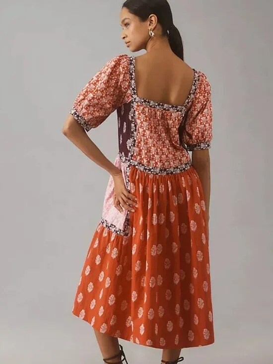 Anthropologie Maeve Midi Dress Women’s small Shortsleeve Square Neck Tape-Detail - Picture 2 of 9